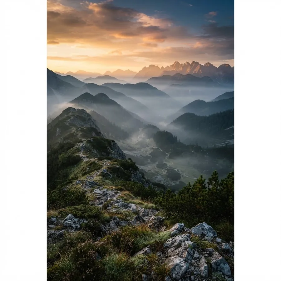 Misty mountain valley at golden hour