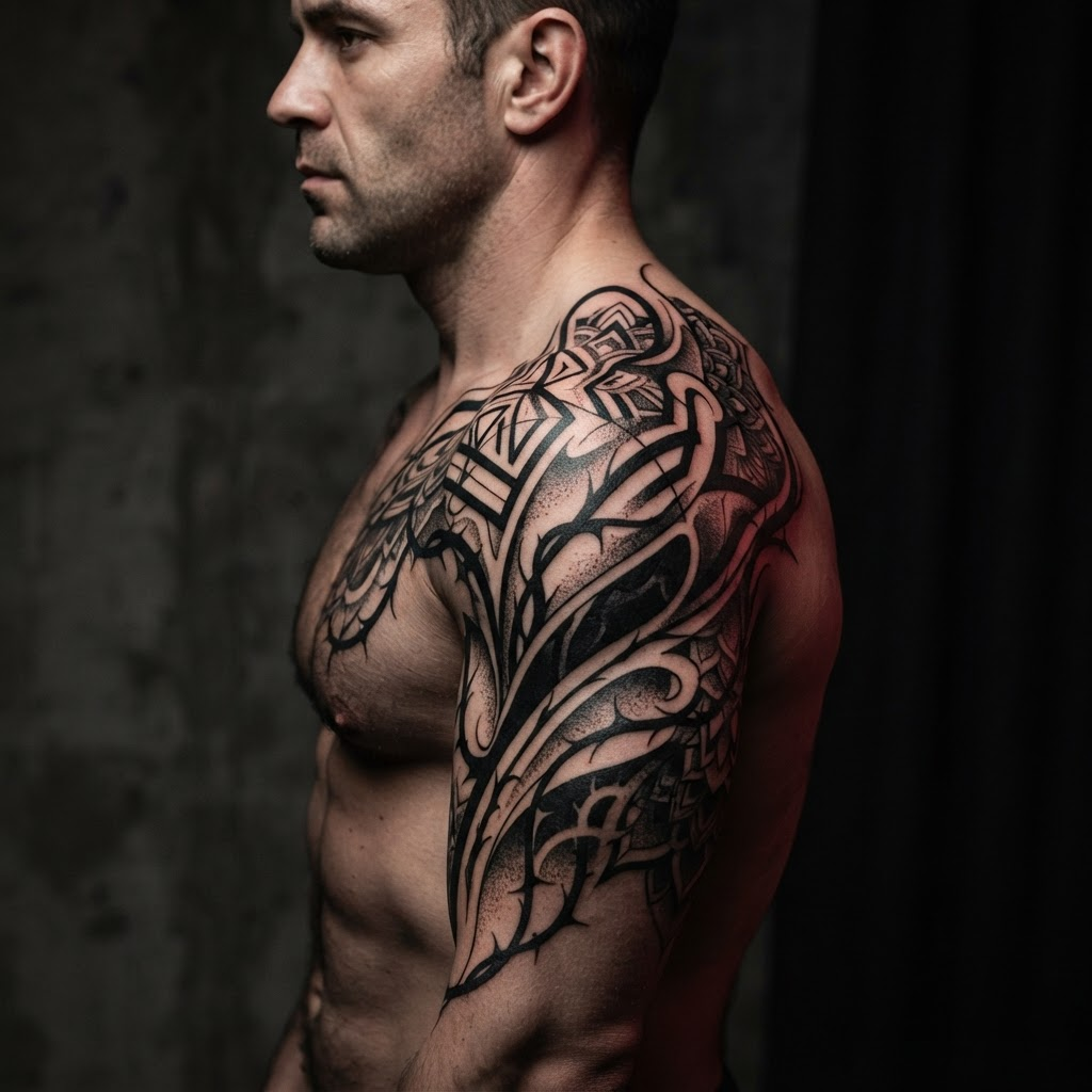 Bold blackwork tattoo on shoulder