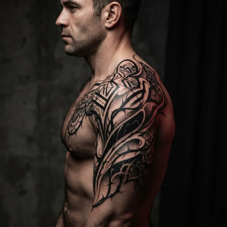 Bold blackwork tattoo on shoulder