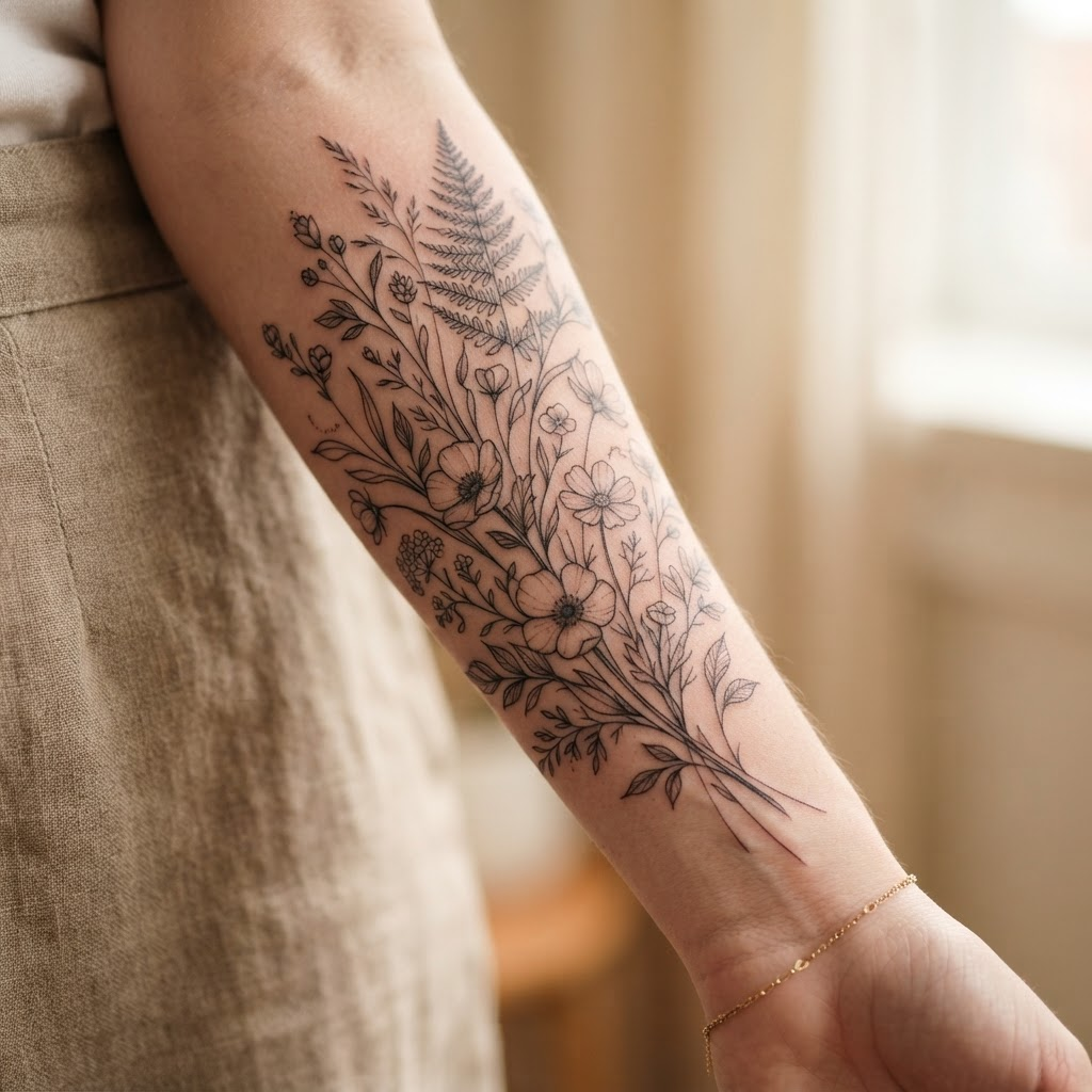 Fine-line botanical tattoo