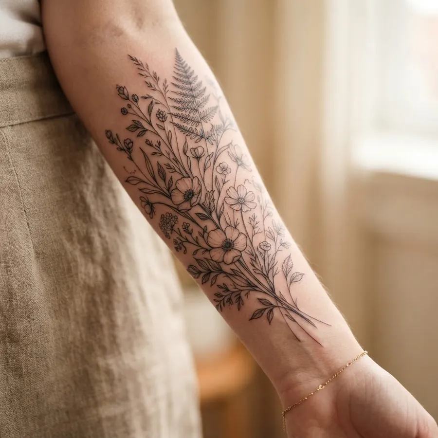 Delicate fine-line botanical tattoo