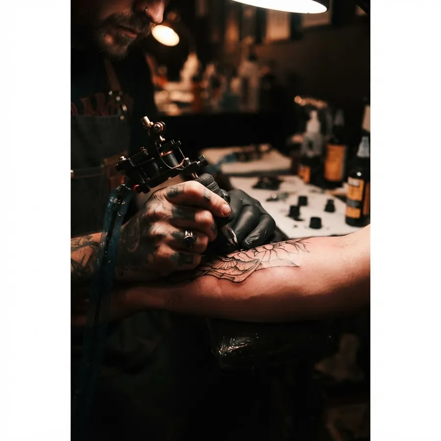 Tattoo artist at work in a moody studio
