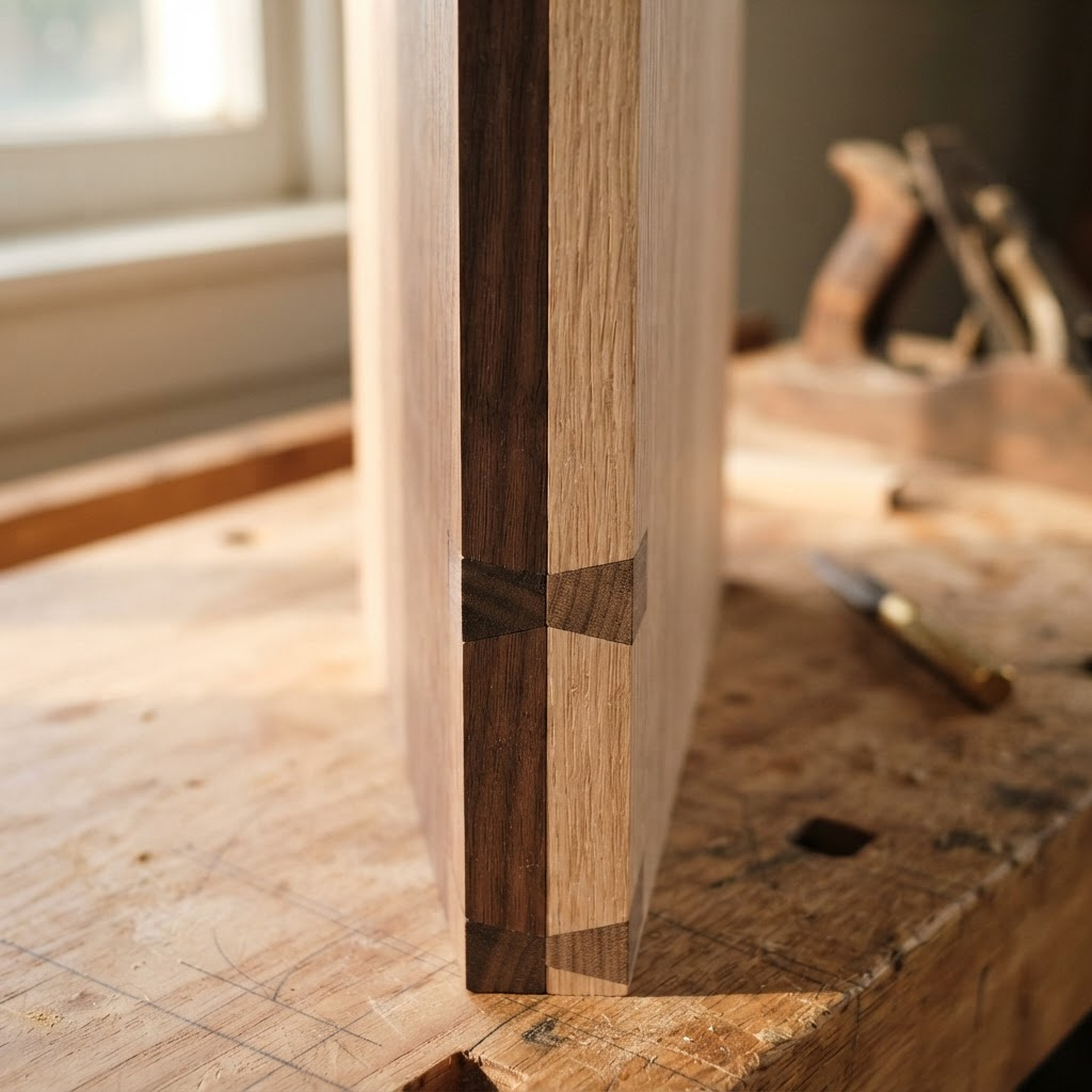 Hand-cut dovetail joint in walnut