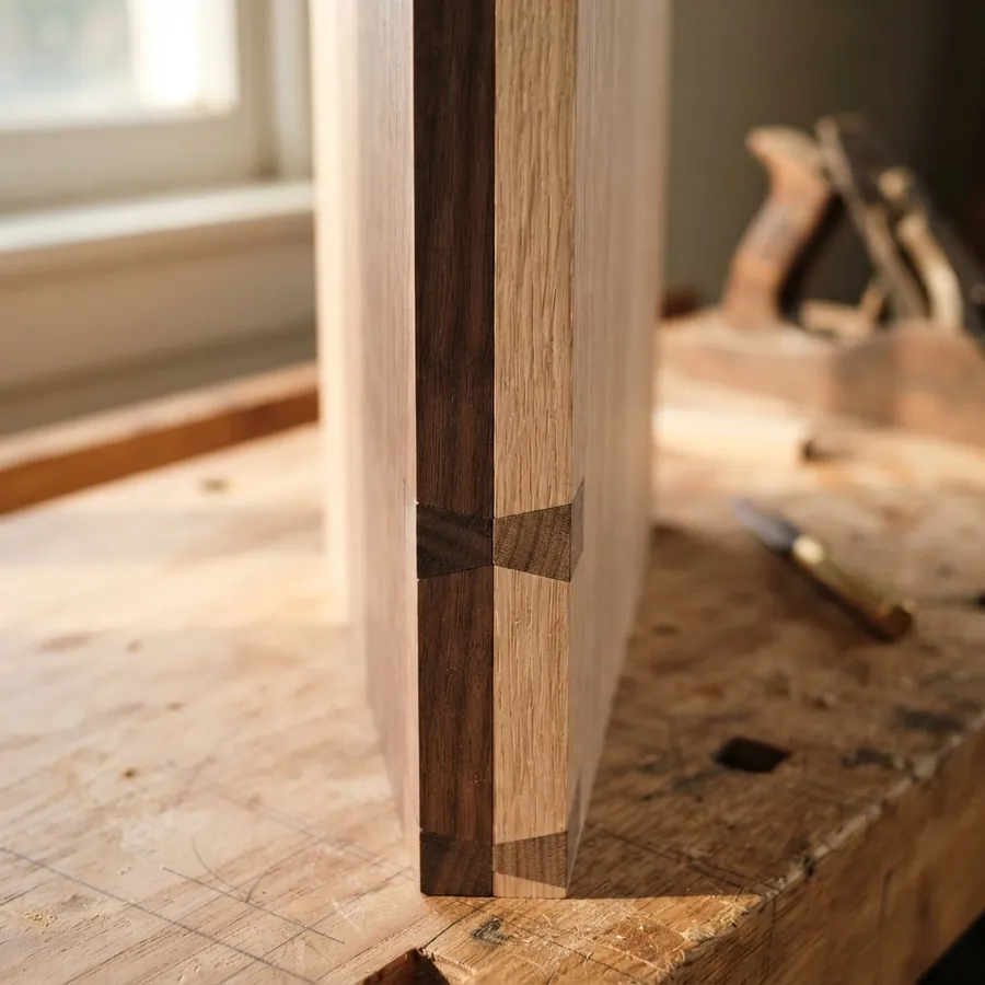 Hand-cut dovetail joint in walnut and oak