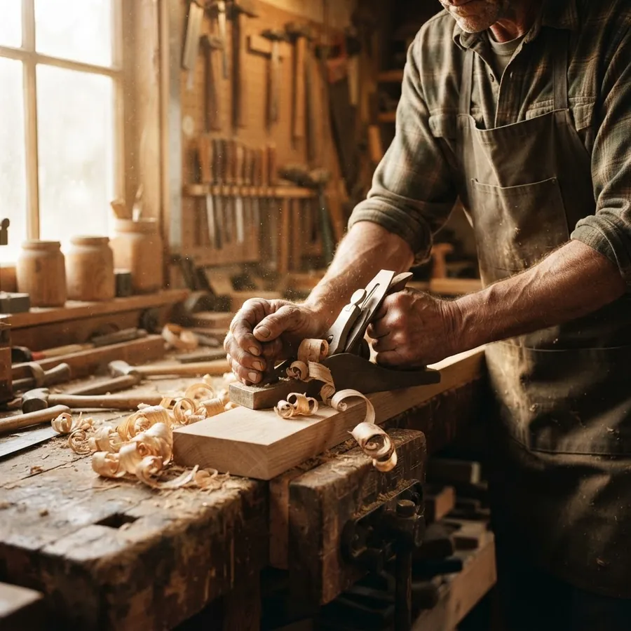 Carpenter planing wood in a sunlit workshop